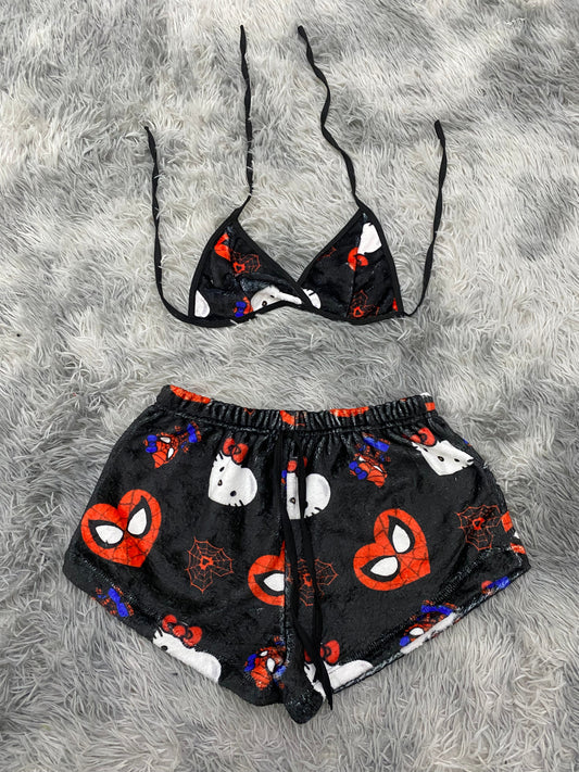Spider Kitty Background Black Matching Top & Short