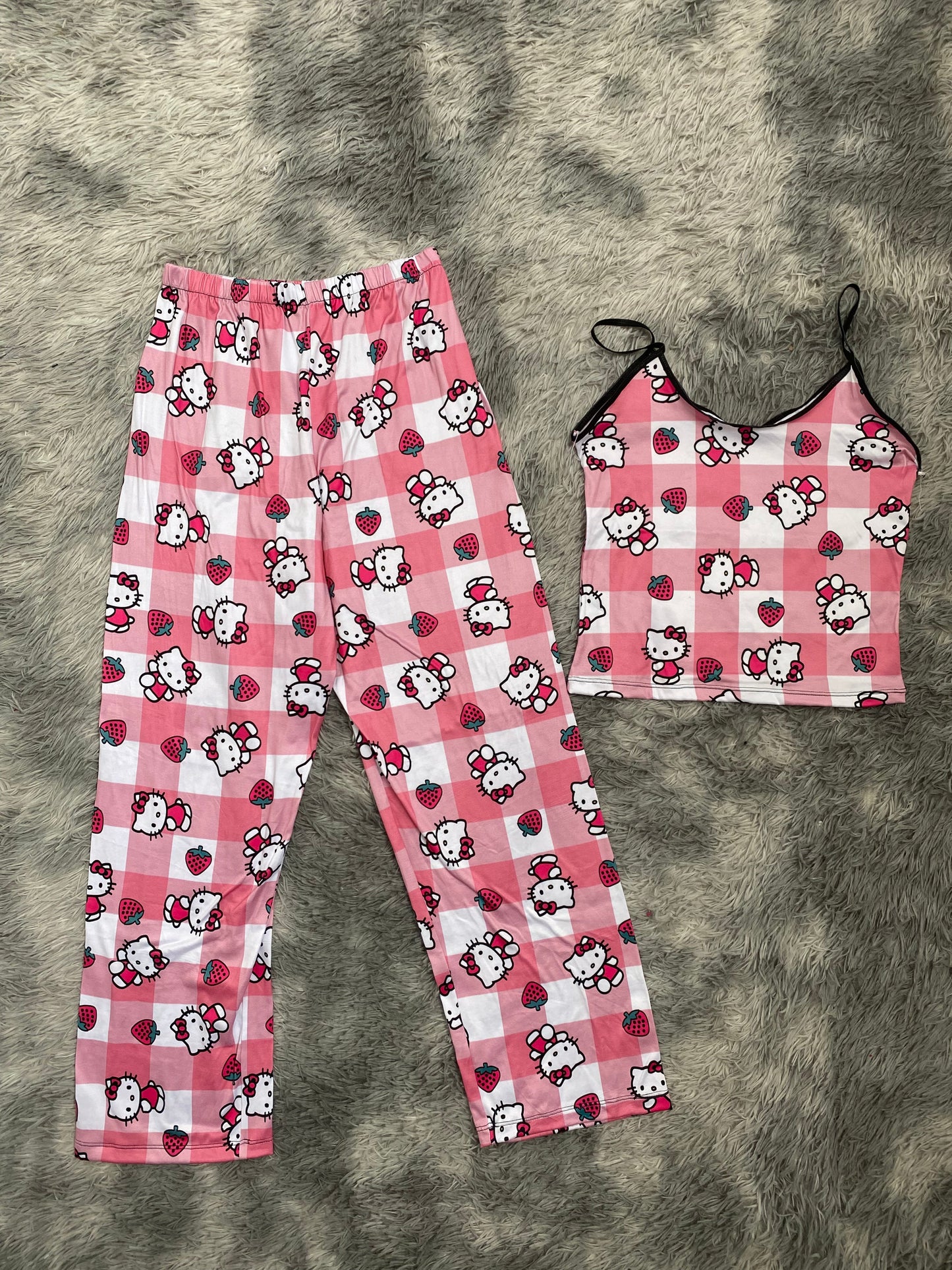 Hello Kitty Strawberries & Pink Plaid Pajama Top & Pants Set