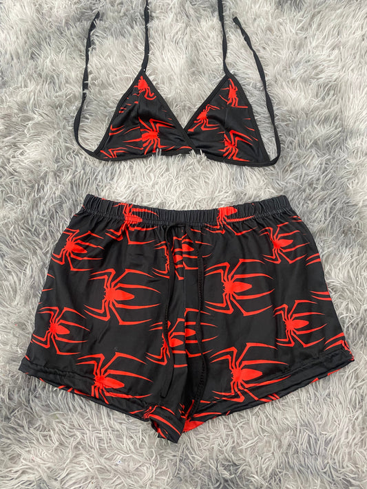 Red Spiders on Black Top & Shorts Set