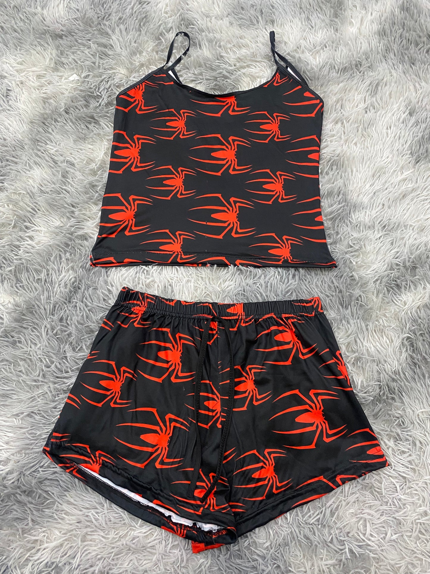 Red Spiders on Black Pajama Top & Shorts Set
