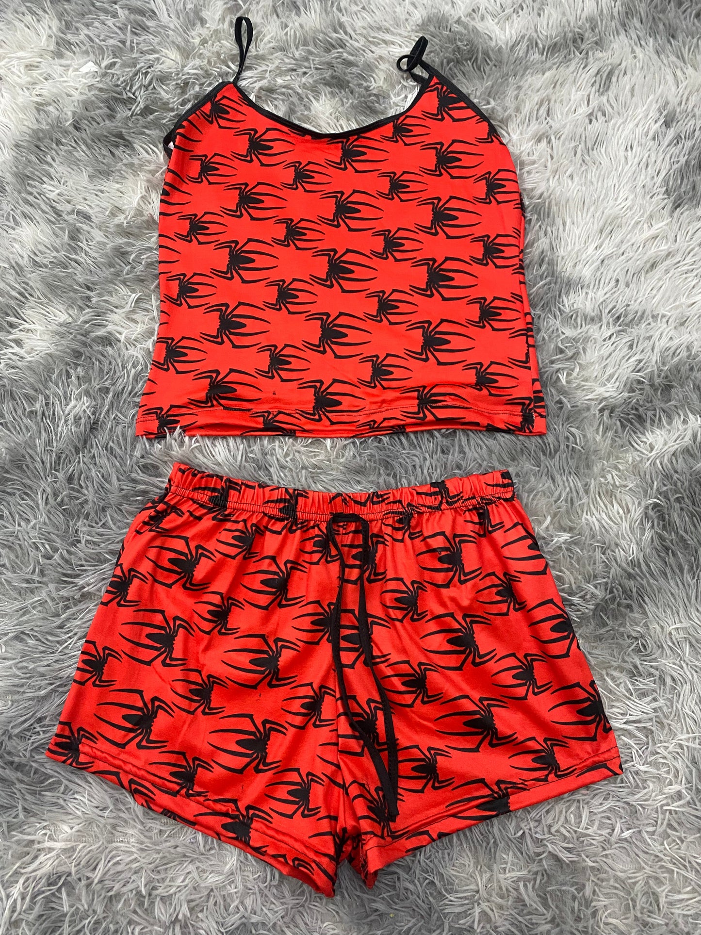 Black Spiders on Red Pajama Top & Shorts Set