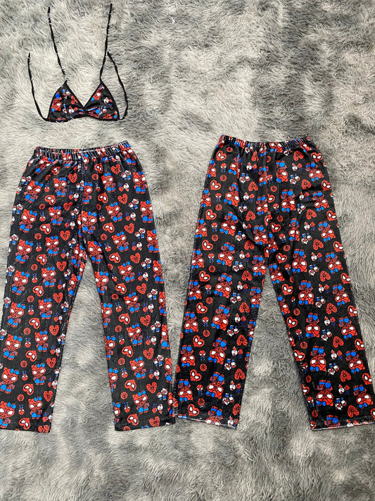Spider Kitty Red Web on Black Matching Plush Pajama Set
