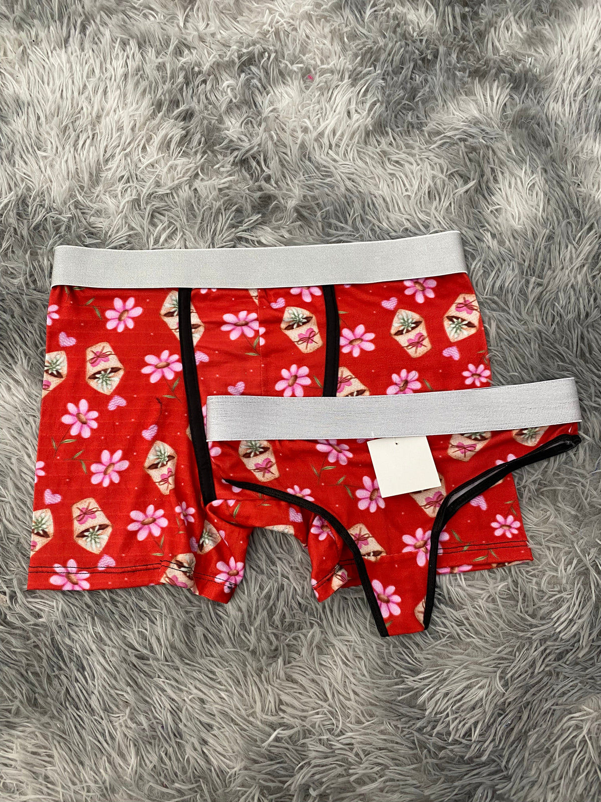 Flowers & Hearts Red Background Matching Boxer & Thong