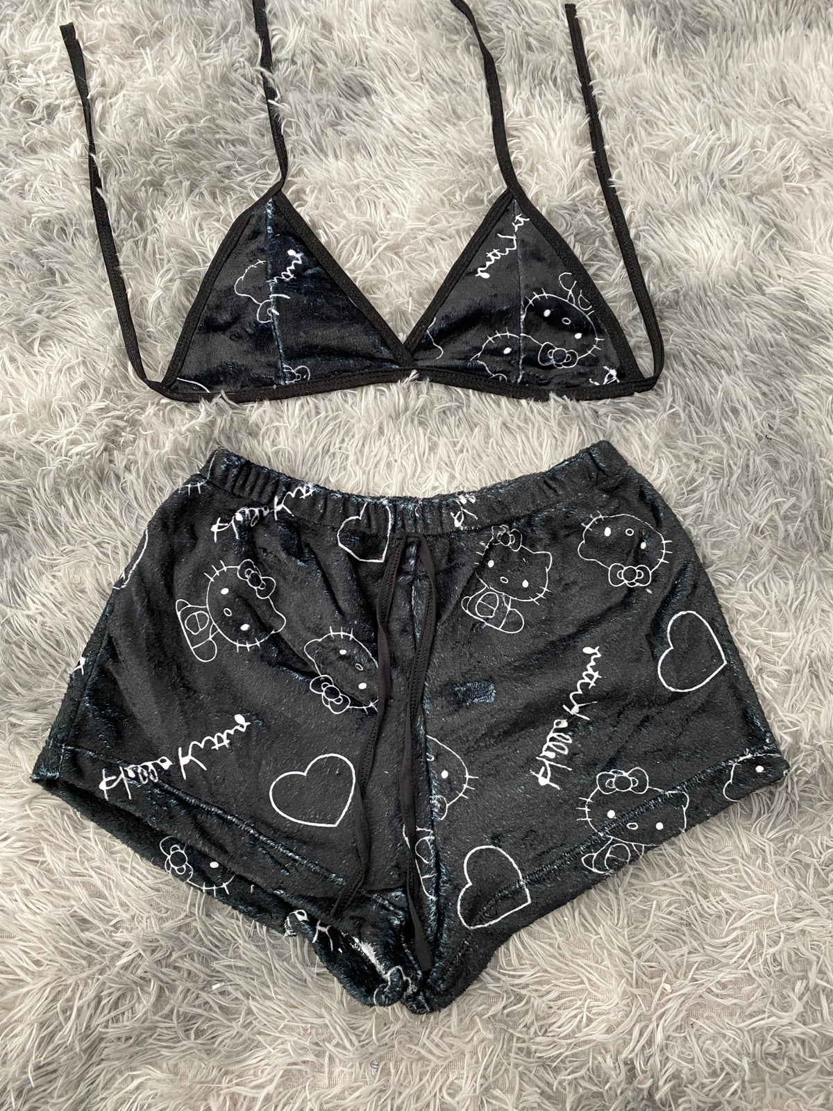 Kitty White Letters Black Background Top And Short - Plush