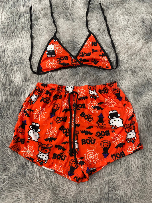 Kitty Halloween Orange Background Top And Short PJs