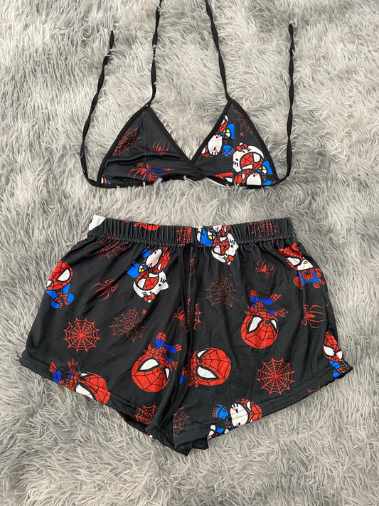 SpiderKitty Webs Red Black Background Top And Short PJs