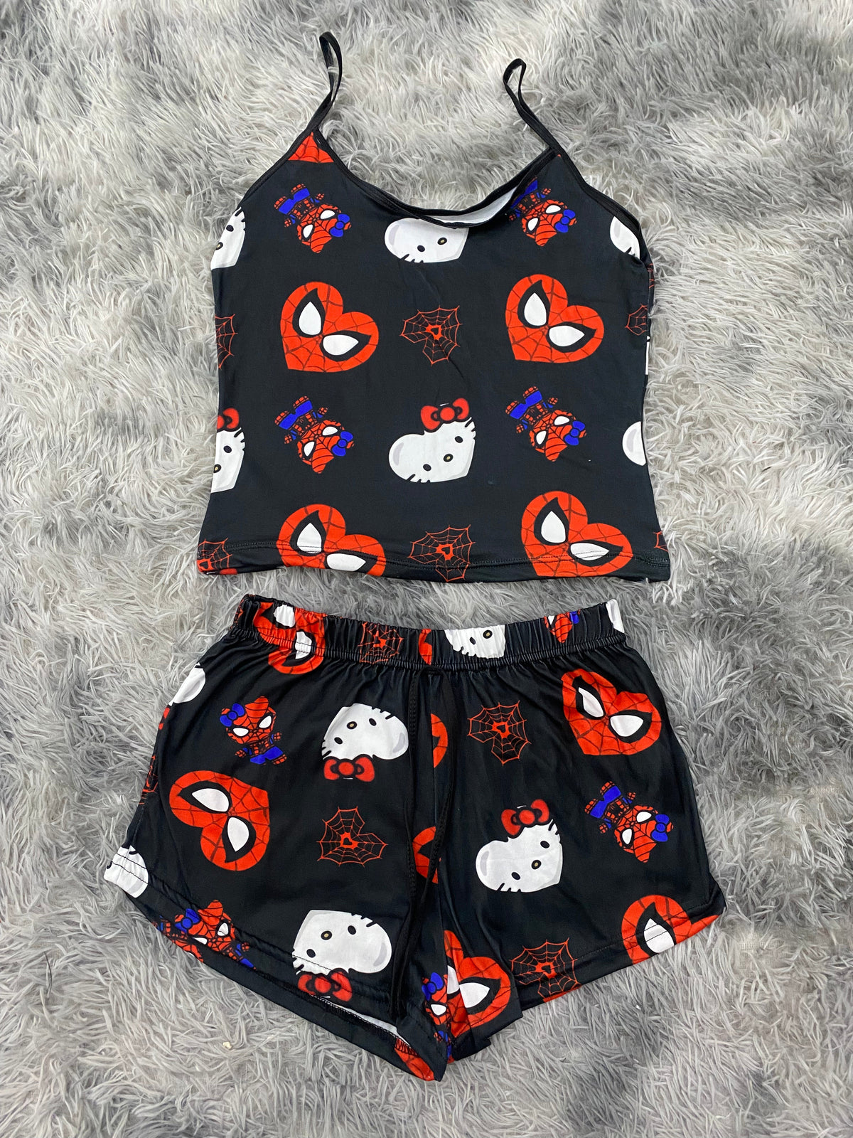 SpiderKitty Hearts Black Background Women's PJ Set - Shorts