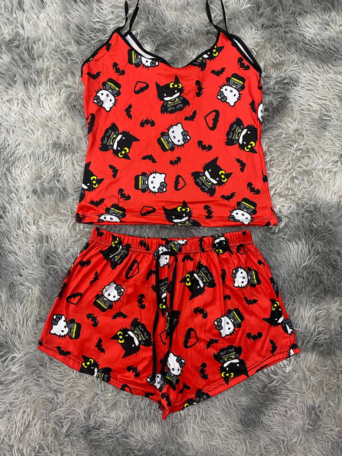 Kitty & Bat Man Red Background Women's Pajama Set