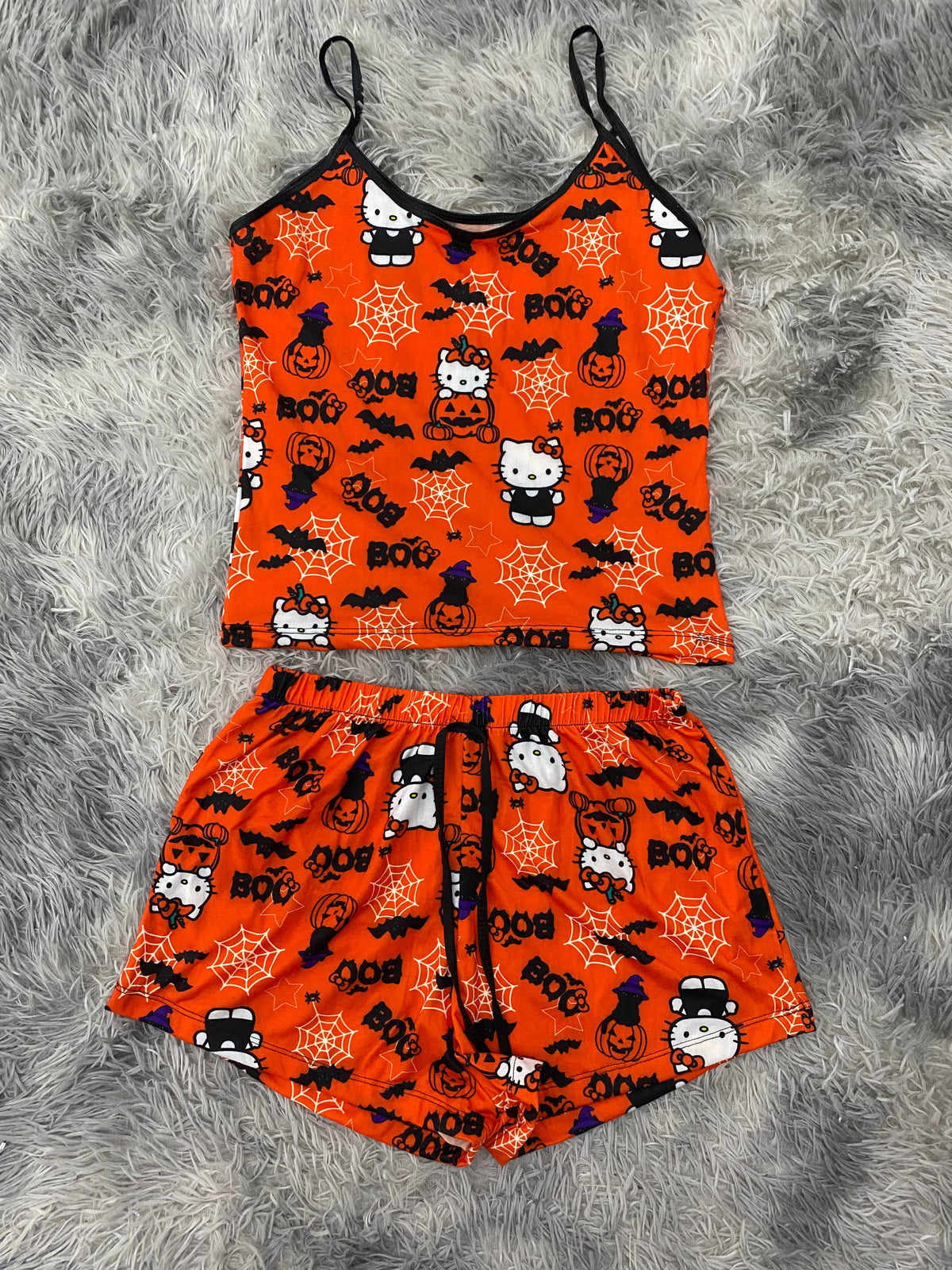 Kitty Halloween Orange Background Women's PJ Set - Shorts