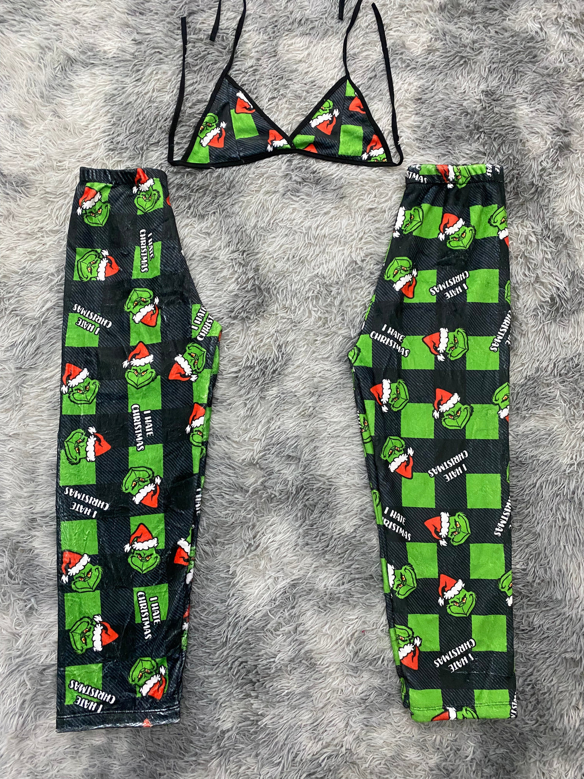 Grinch Letters Plaid Green Matching Plush PJs