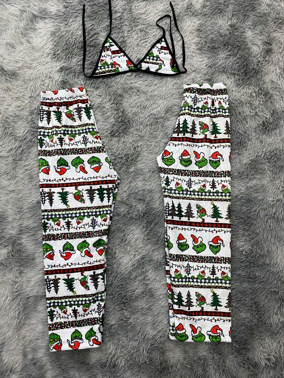 Grinch & Trees Christmas White Background Matching Plushie PJs
