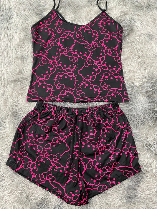 Hello Kitty Faces Pink Black Background Women's PJ Set - Shorts