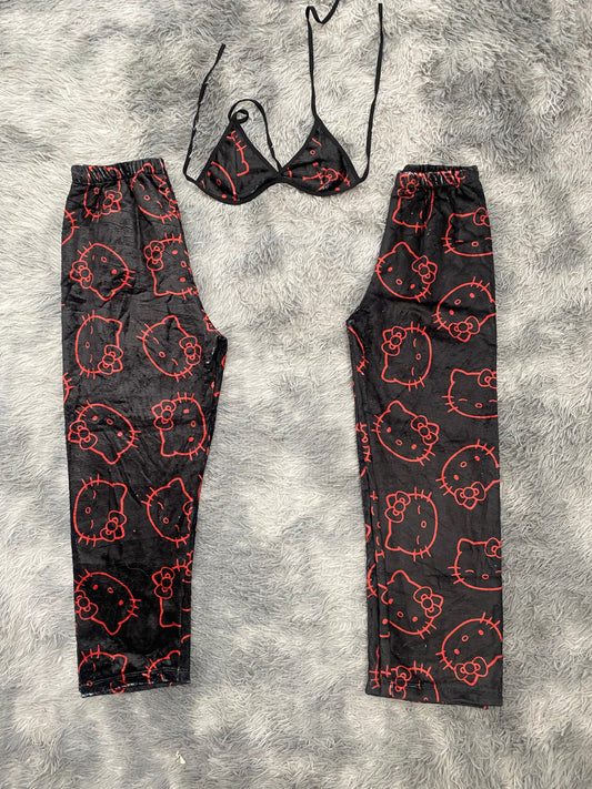Kitty Outline Red Black Background Matching Plushie PJs