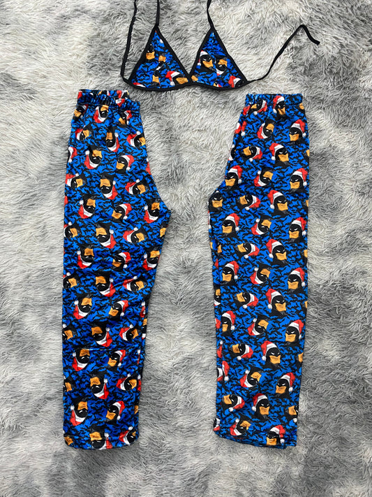 Bat Man With Hat Christmas Blue Background Matching Plushie PJs