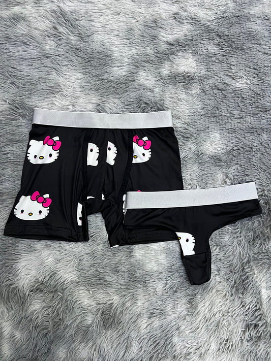 Hello kitty face black background matching couples underwear set
