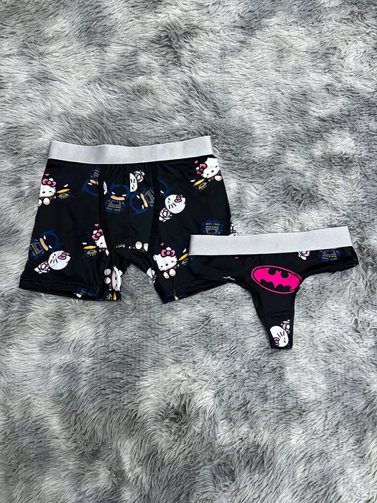 Hello kitty and batman black background matching couples underwear set