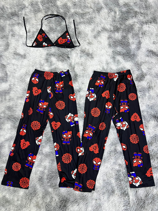 Hello kitty and Spiderman red spiderwebs black background pajama duo