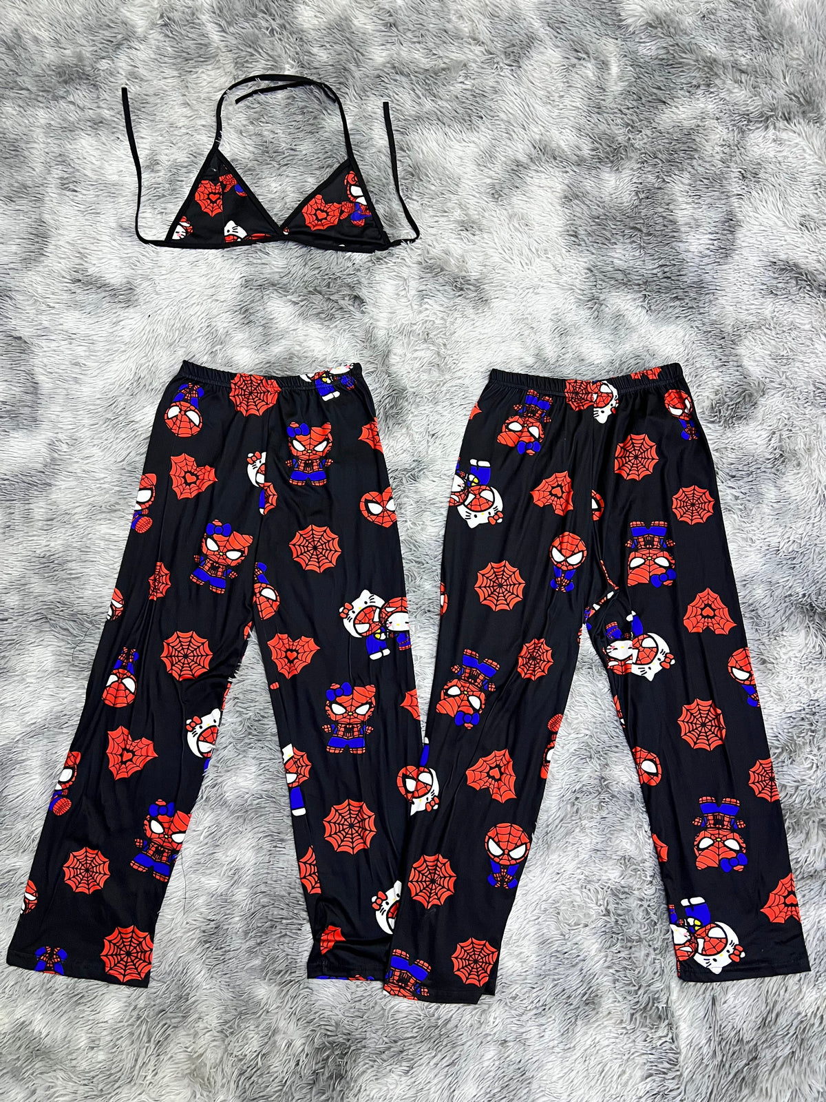 SpiderKitty Black Cobweb Red Matching Plushie PJs