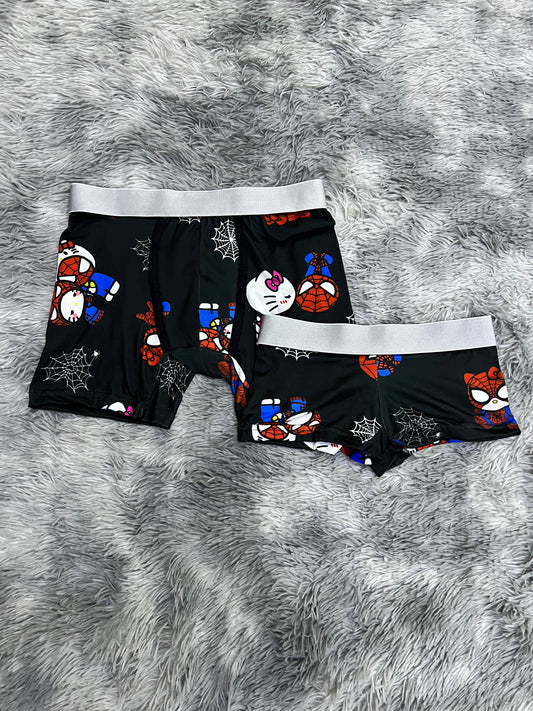 Hello kitty and Spiderman white spiderwebs black background matching couples boxer underwear