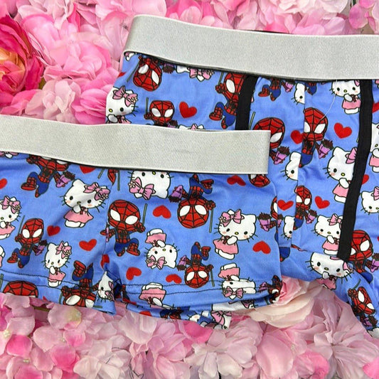 Hello kitty and spiderman background blue matching couples boxer underwear - Fundies