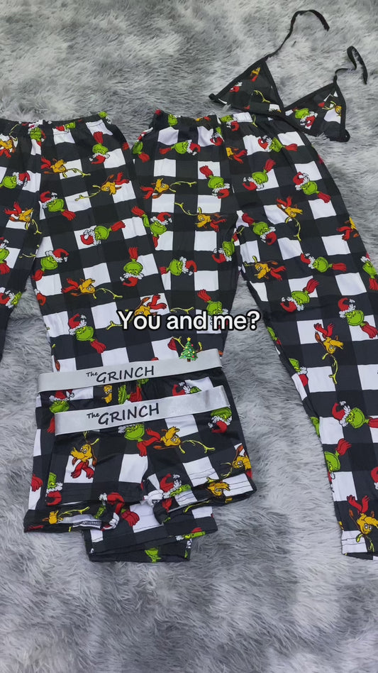 Grinch white and black checkered Christmas background 5 pcs pajama duo